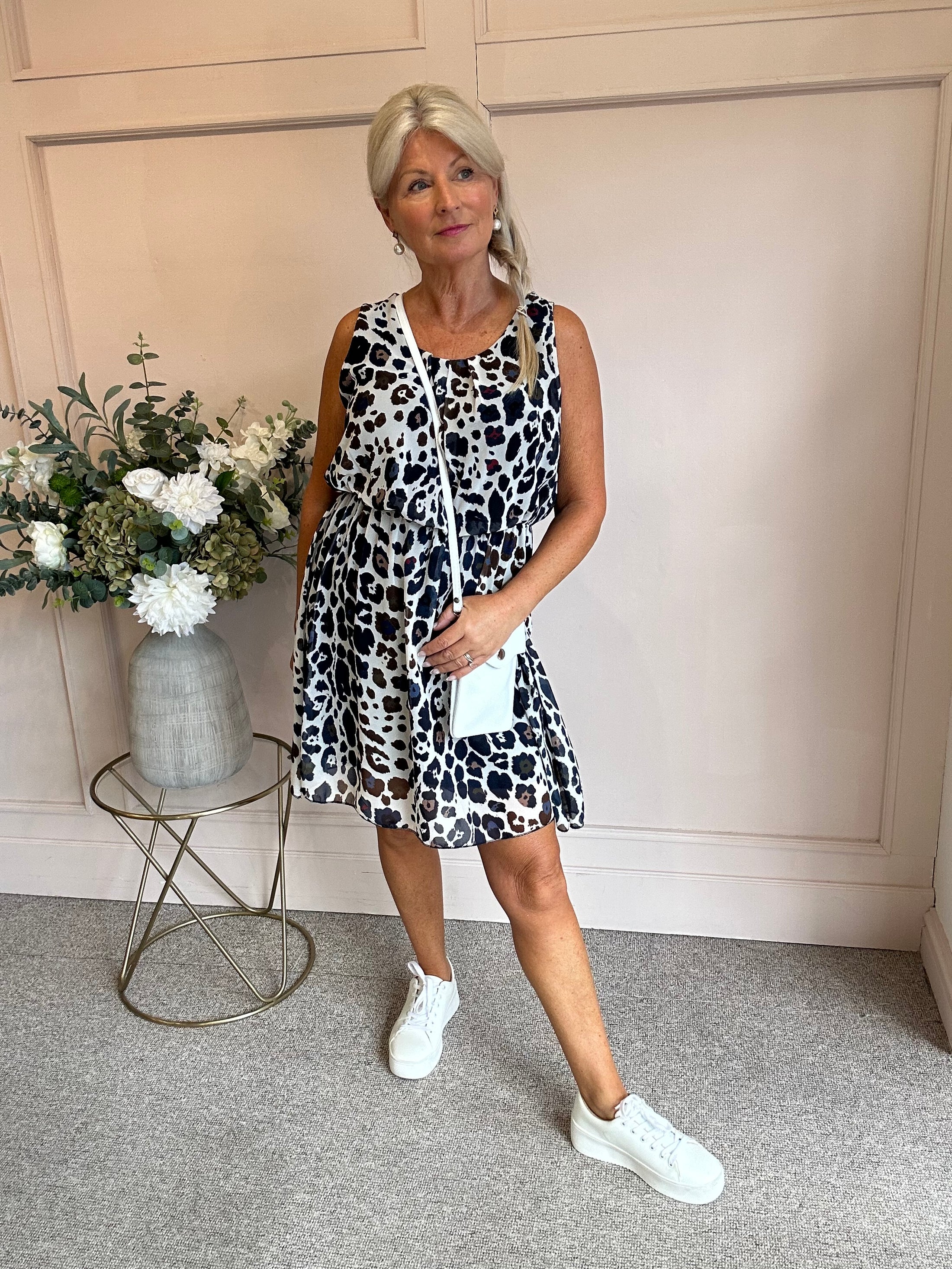 Sleeveless Midi Dress - Cream/Navy/Brown - Wardrobe By Simone