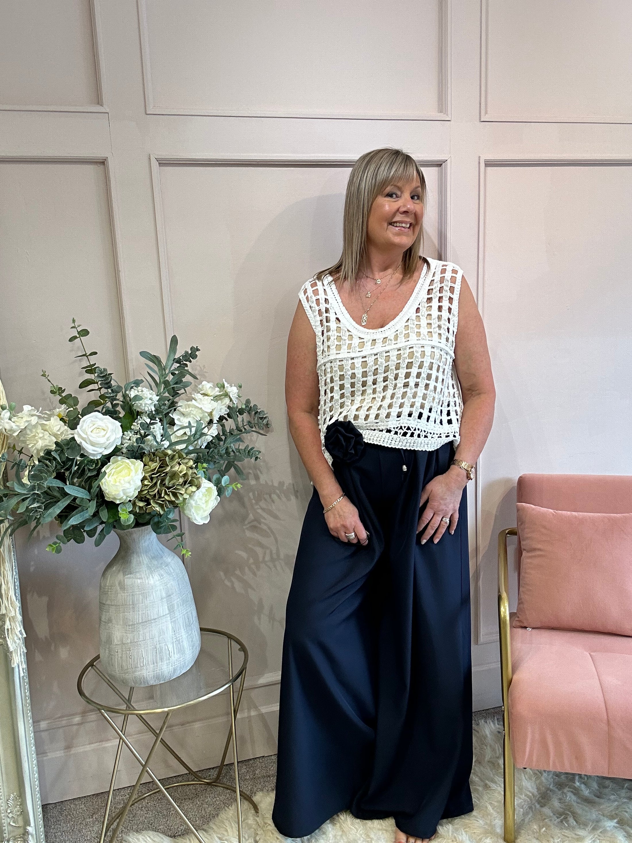 Open Crochet Scoop Neck Top  - White - Wardrobe By Simone