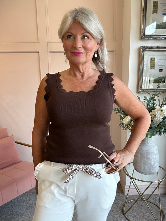 Scalloped Edged Vest Top - Chocolate - Wardrobe By Simone