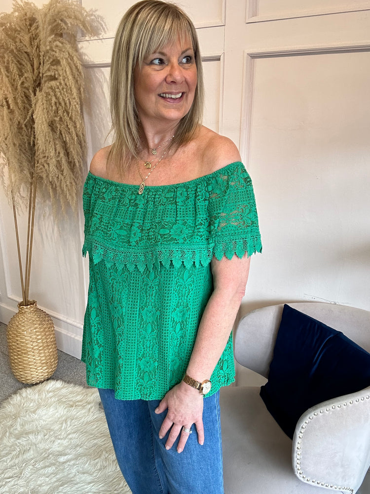 Bardot Lace Effect Top  - Emerald Green