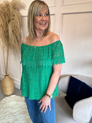 Bardot Lace Effect Top  - Emerald Green