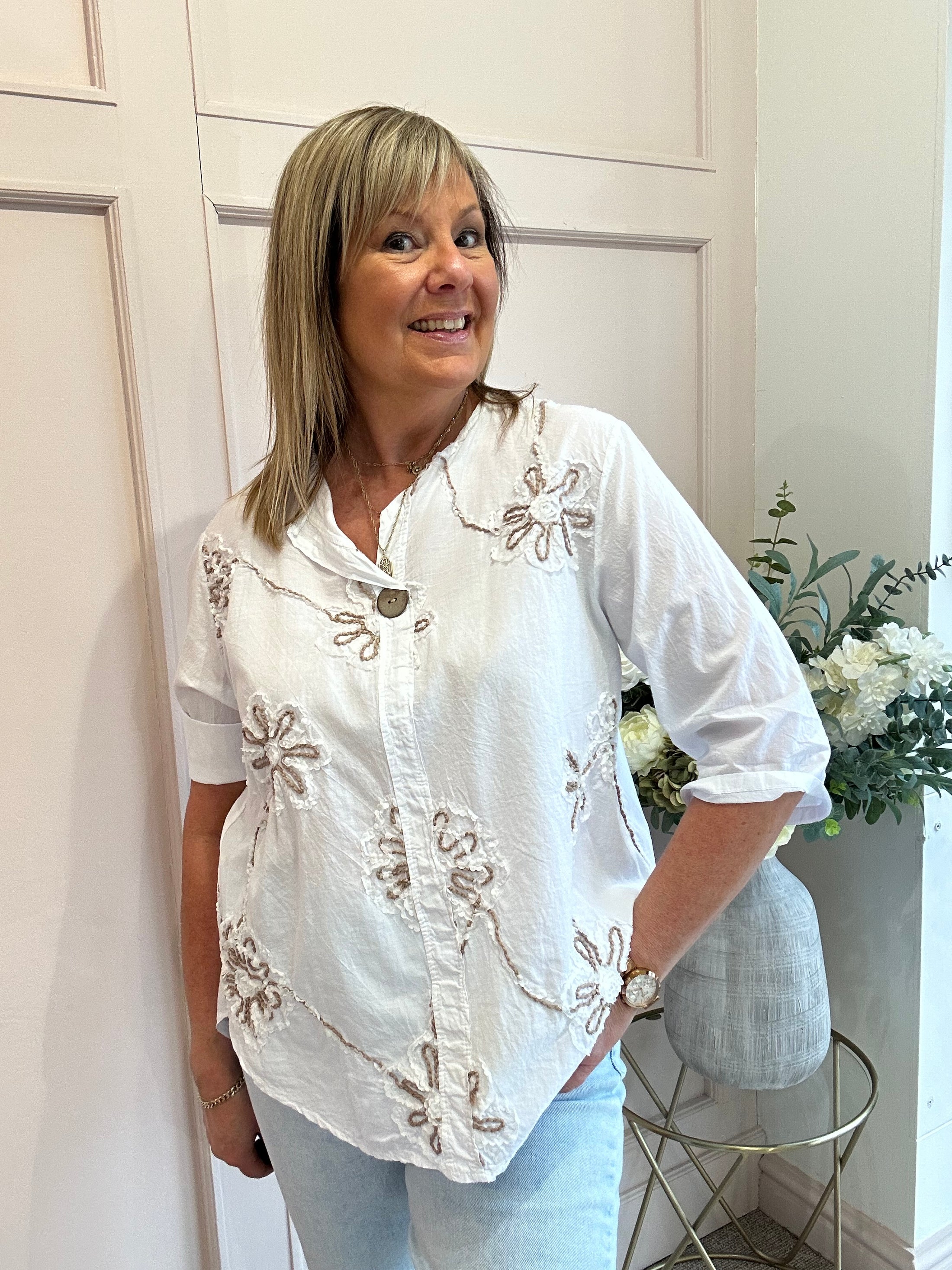 Pretty Applique Flower Shirt  - White - Wardrobe By Simone