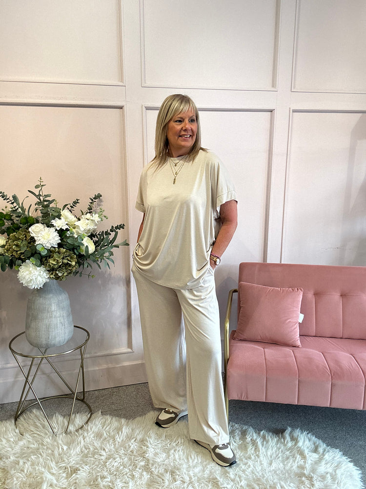T Shirt & Wide Pant Lounge Set - Creamy Beige - Wardrobe By Simone