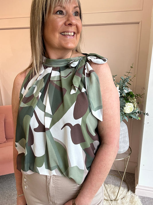 Leaf Print Bow Tie Sleeveless Top - Green/White - Wardrobe By Simone