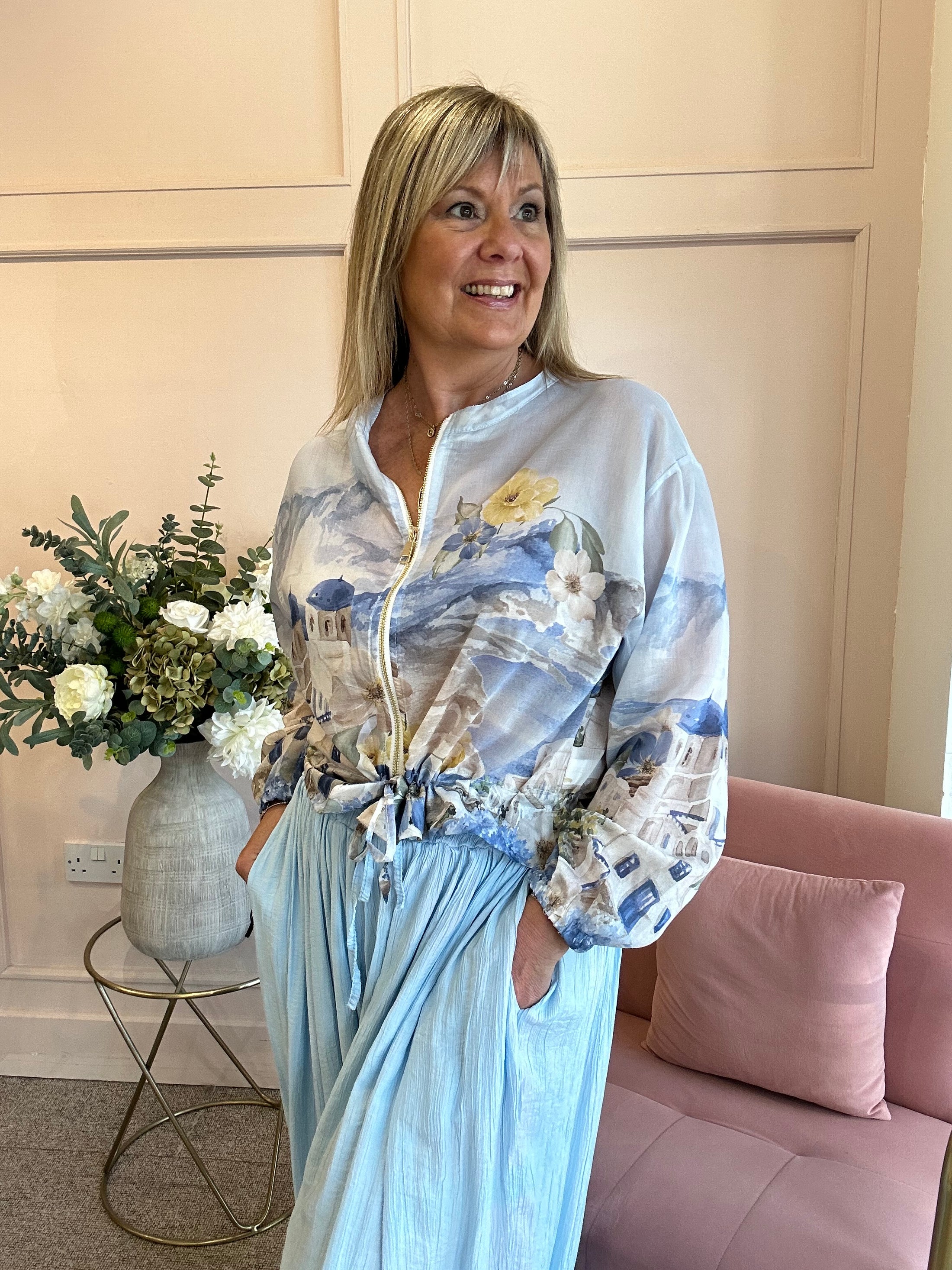 Santorini In Bloom Zip Jacket - Ice Blue/Blue