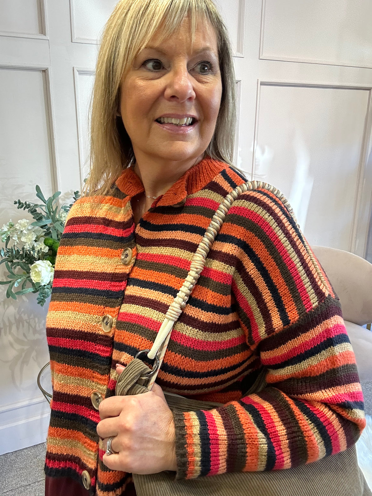 Striped Knit Cardigan - Burnt Orange/Brown
