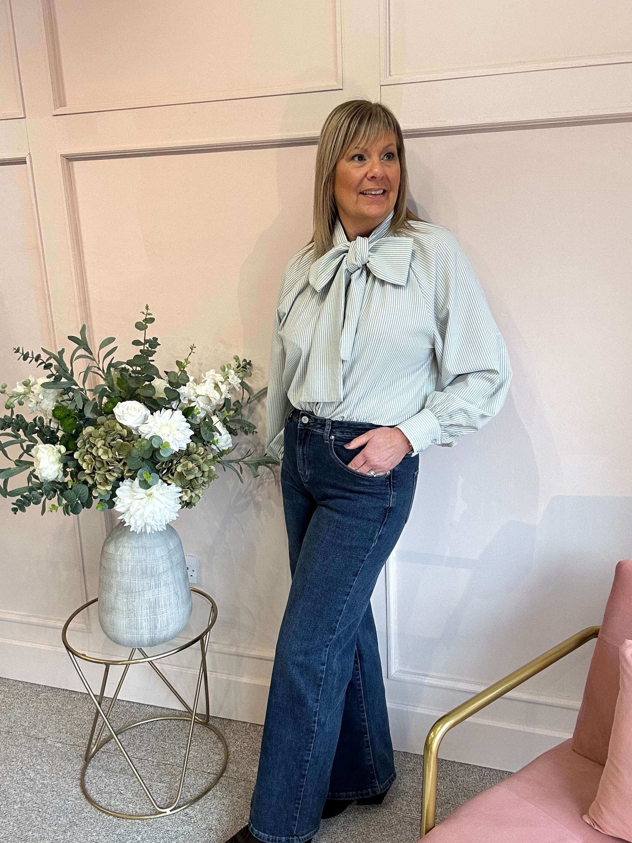 Striped Bow Blouse - Aqua Blue / Cream