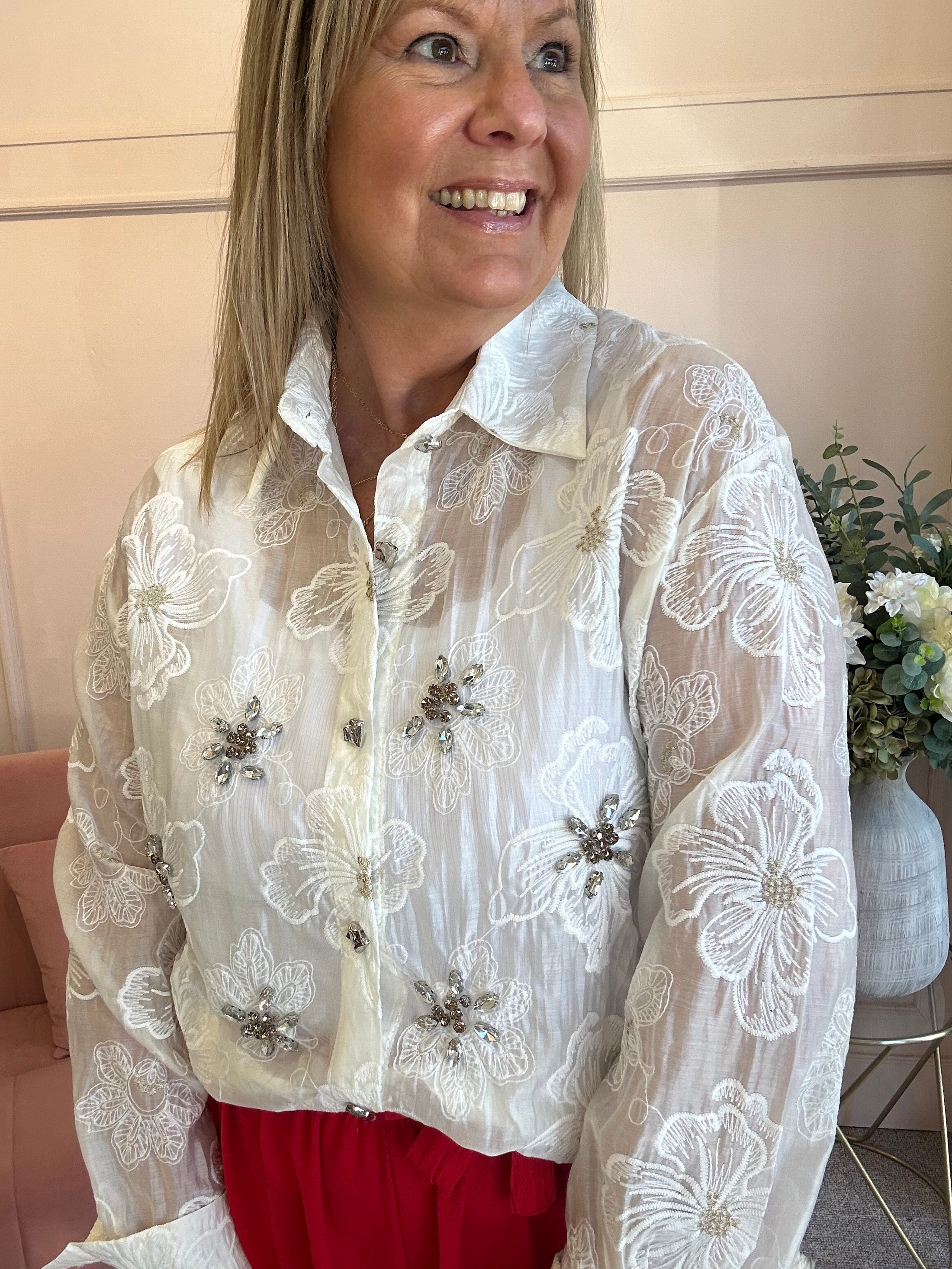 Gold Flower & Gem Detail Shirt  - Soft Cream - Wardrobe By Simone