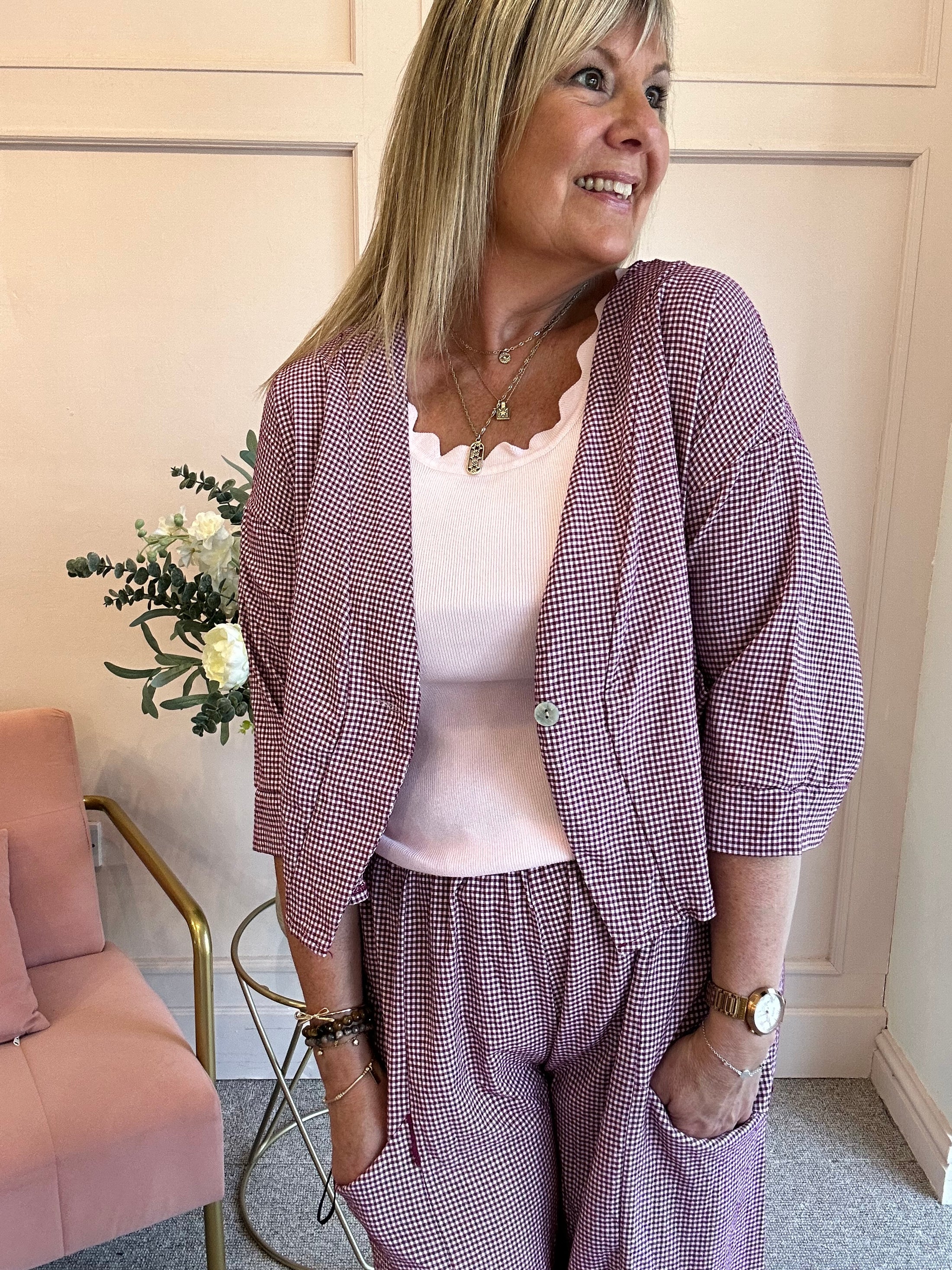 Gingham Little Jacket & Pants Set - Cherry/Pale Pink