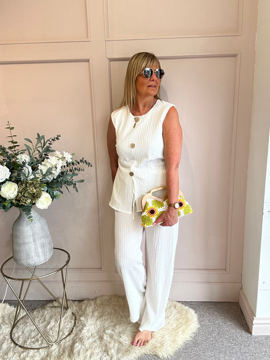 Waffle Effect Top & Pant Set - White - Wardrobe By Simone