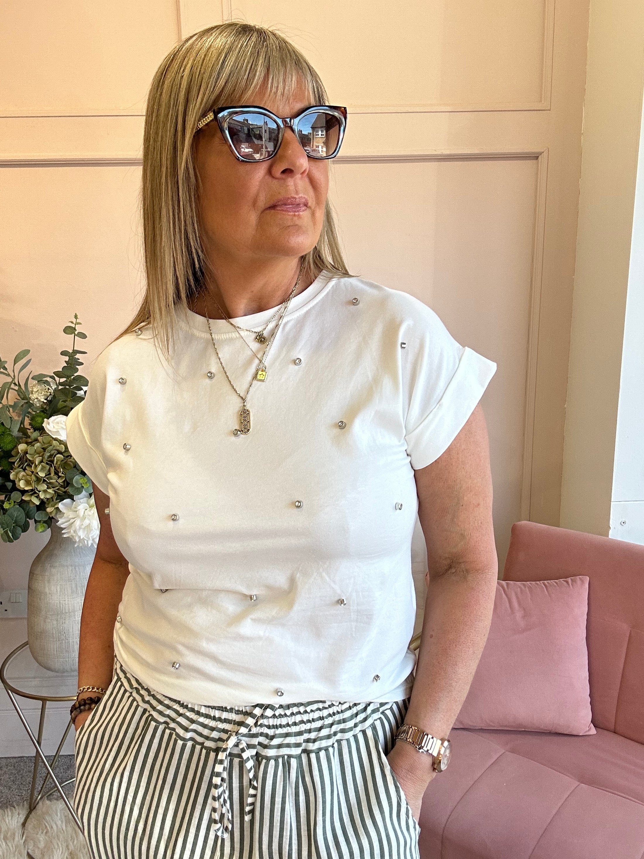 Diamante Gem Detail T Shirt  - White - Wardrobe By Simone