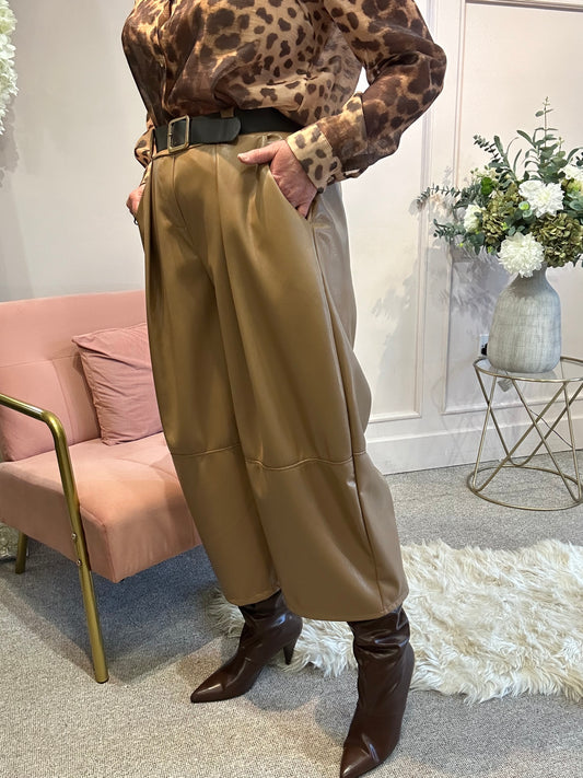 Faux Leather Wide Leg Trouser - Caramel