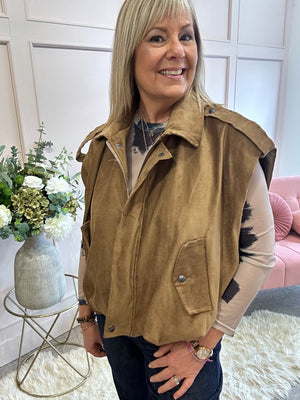 Suedette Sleeveless Jacket - Tan