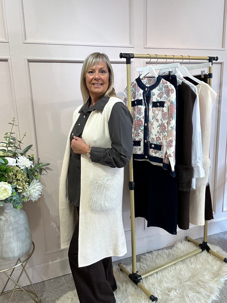 Fluffy Pocketed Long Waistcoat - Cream