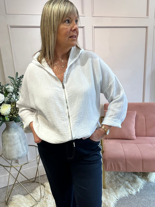 Zipped Hoody Top - White - Wardrobe By Simone