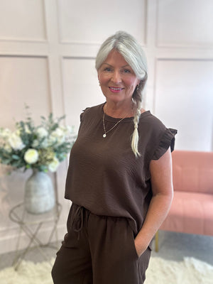 Frill Cap Sleeve Top - Brown