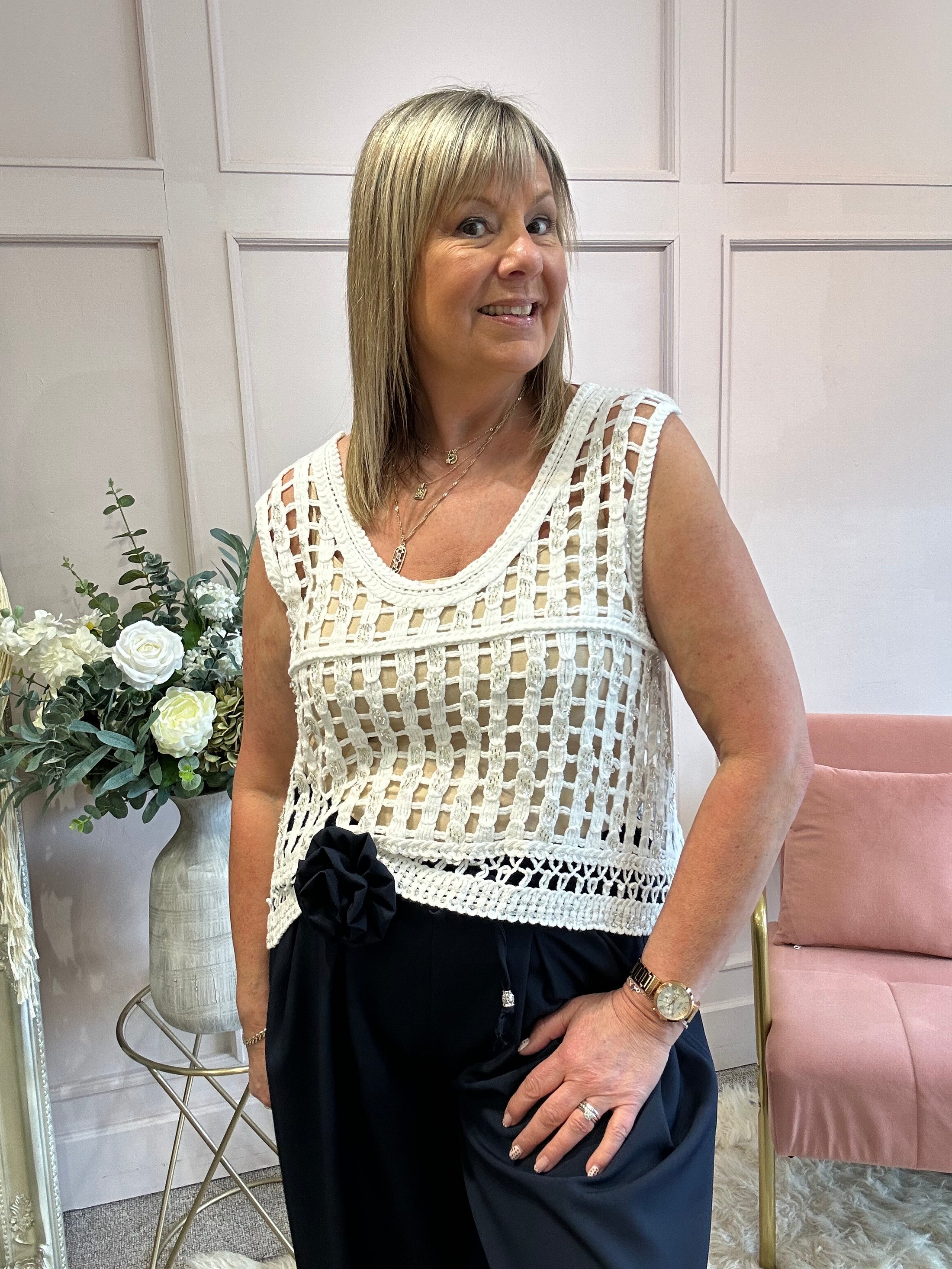 Open Crochet Scoop Neck Top  - White - Wardrobe By Simone