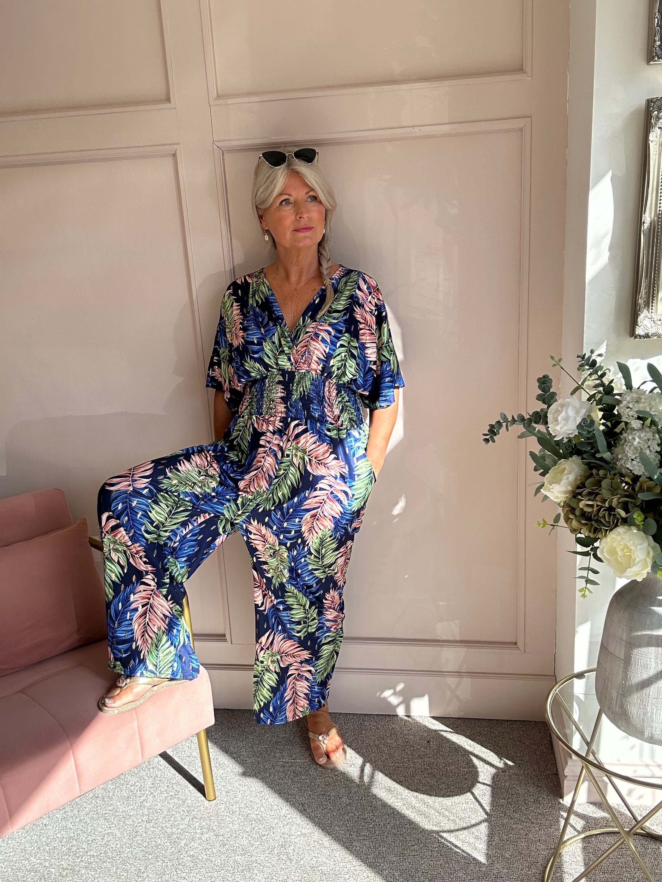 Slinky Crossover Jumpsuit - Navy/Green - Wardrobe By Simone