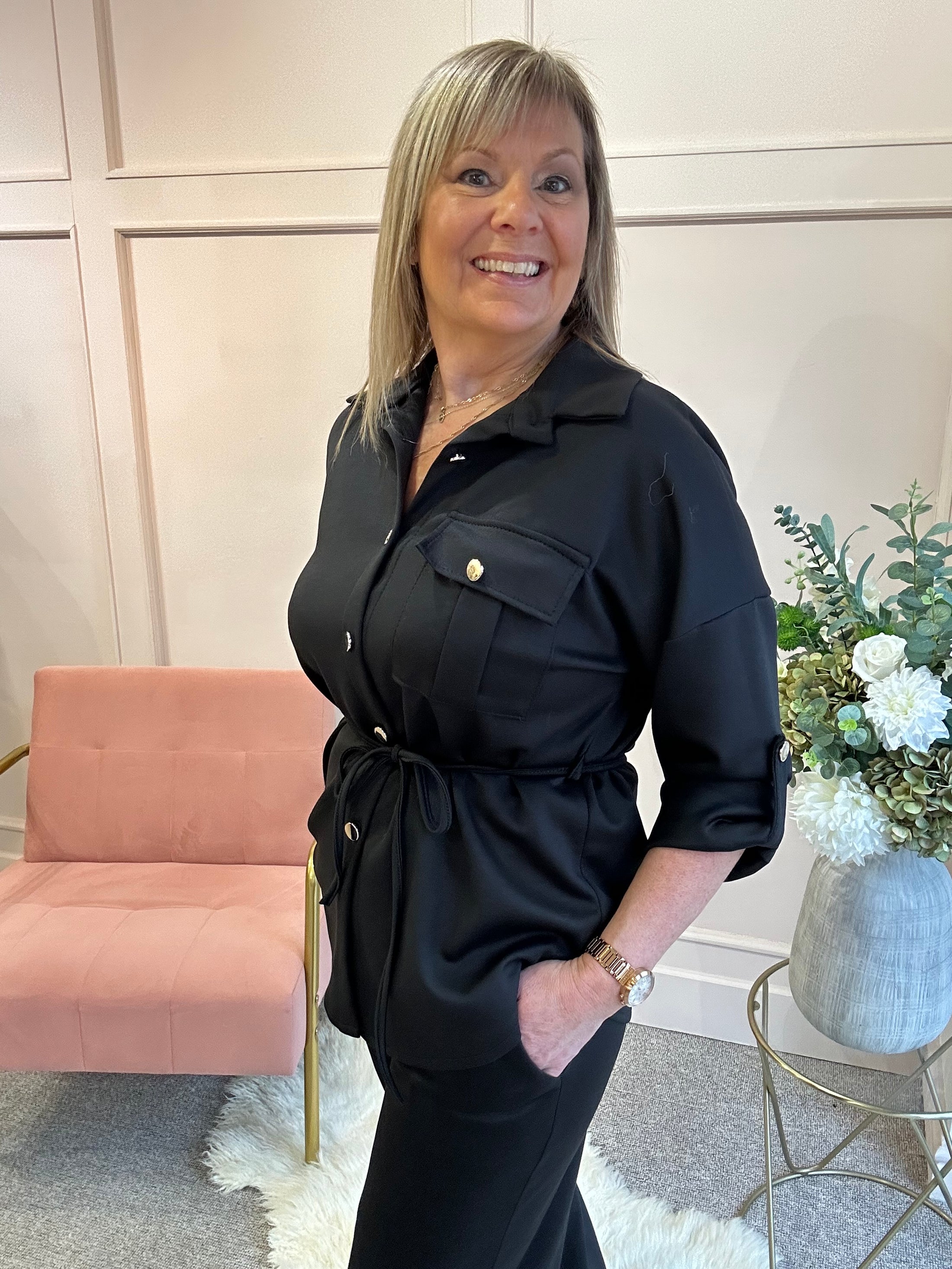 Tunic Shirt Jacket &Trouser Set - Black