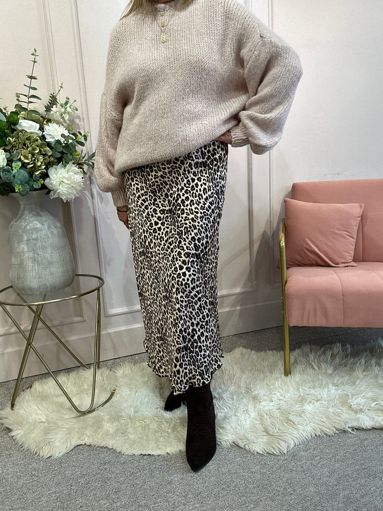 Satin Leopard Maxi Skirt - Brown/Black