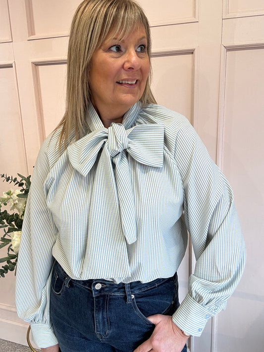 Striped Bow Blouse - Aqua Blue / Cream