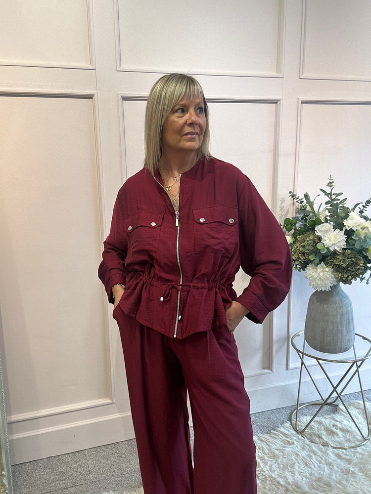 Jacket & Wide Pant Set - Burgundy