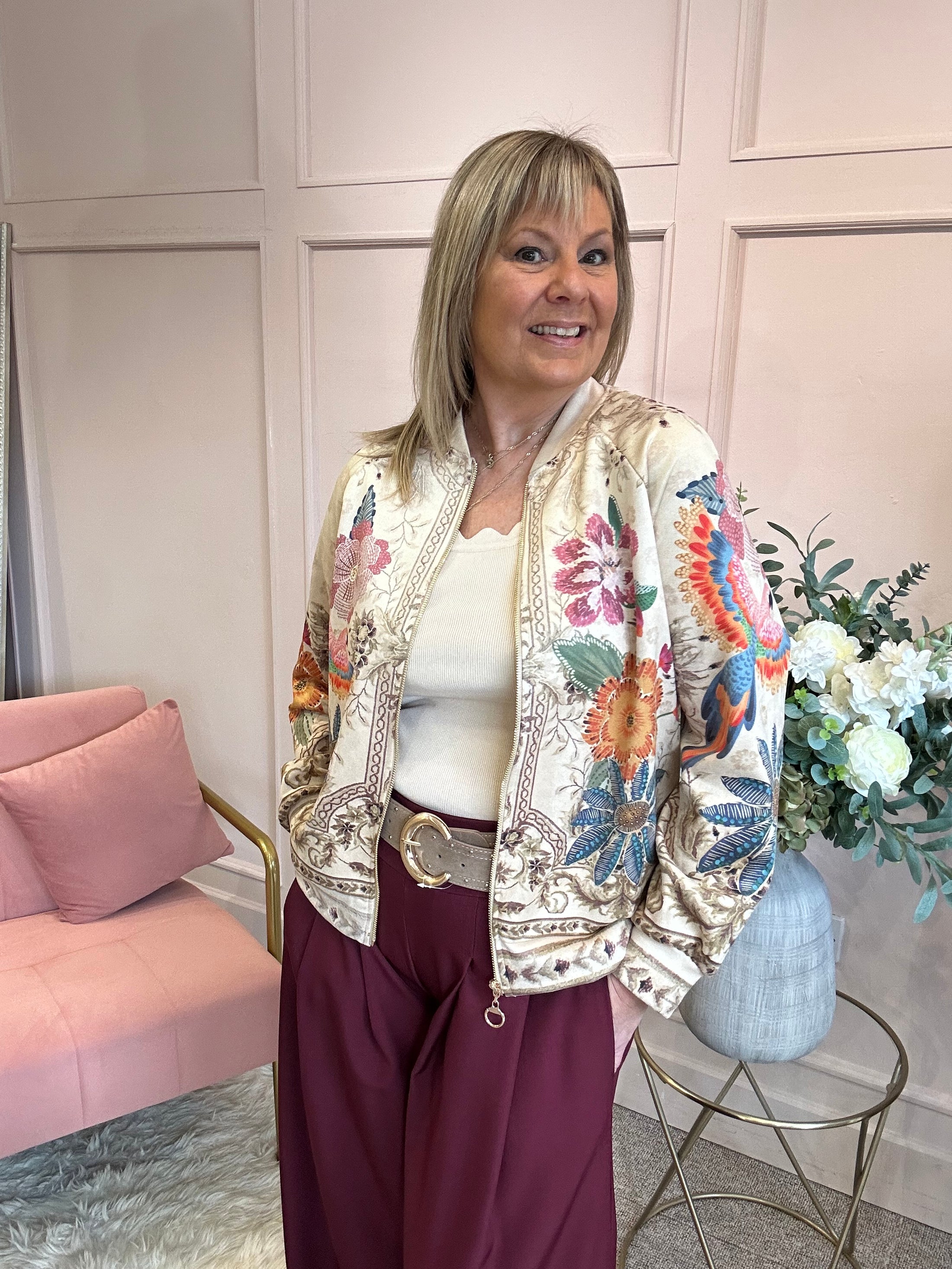 Tropical Parrot Suedette Jacket - Beige/Multi