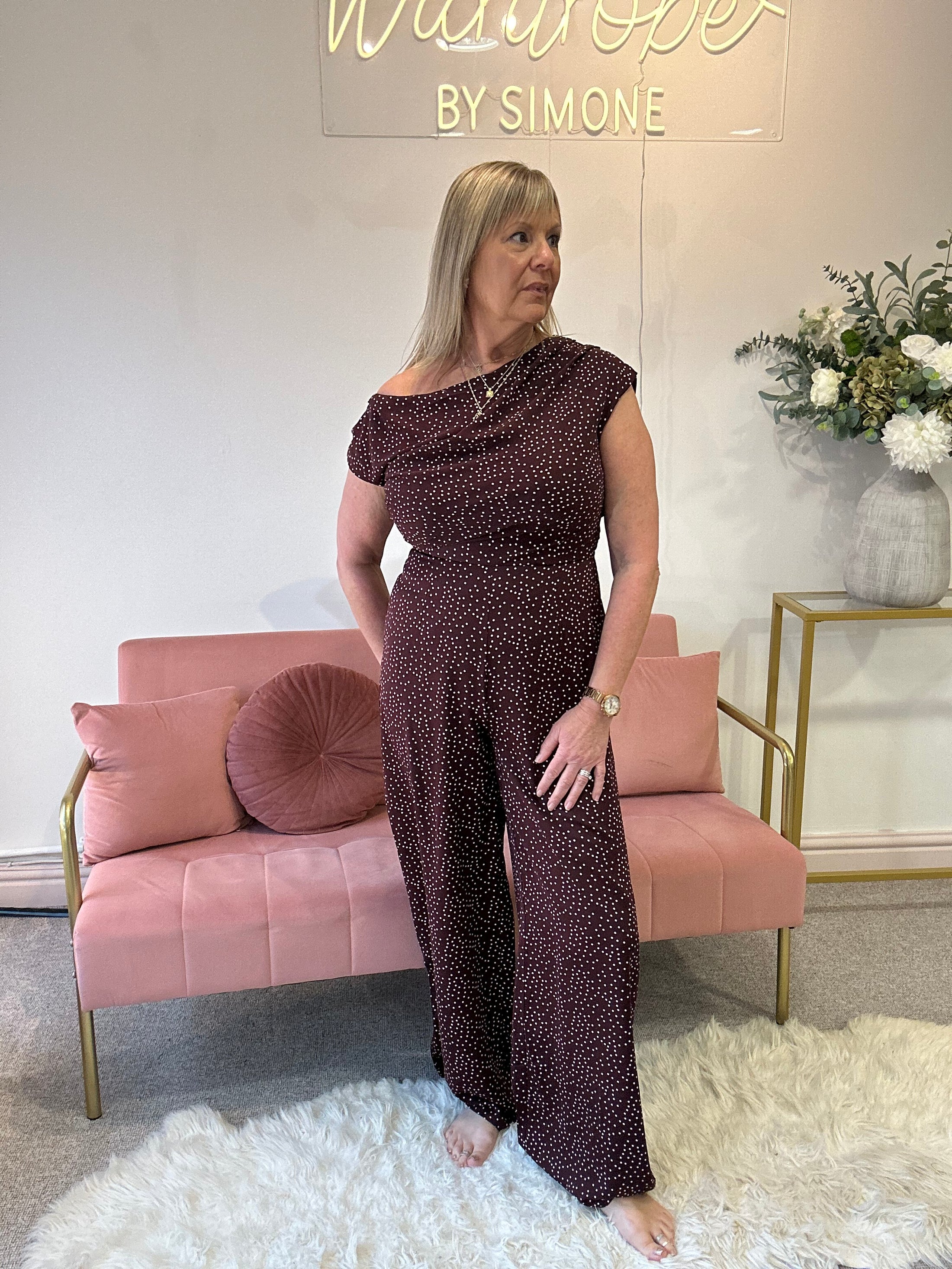 Asymmetric Neckline Jumpsuit - Brown/Cream