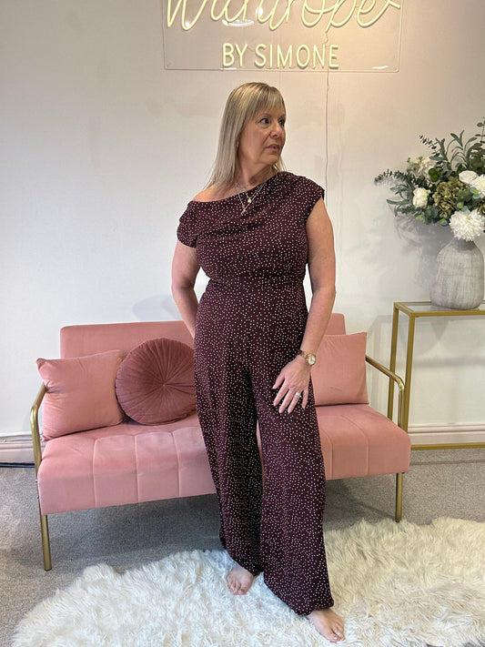 Asymmetric Neckline Jumpsuit - Brown/Cream