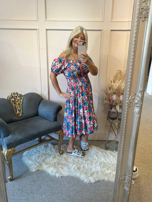 Floral Bloom Midi Dress - Pinks/Blues