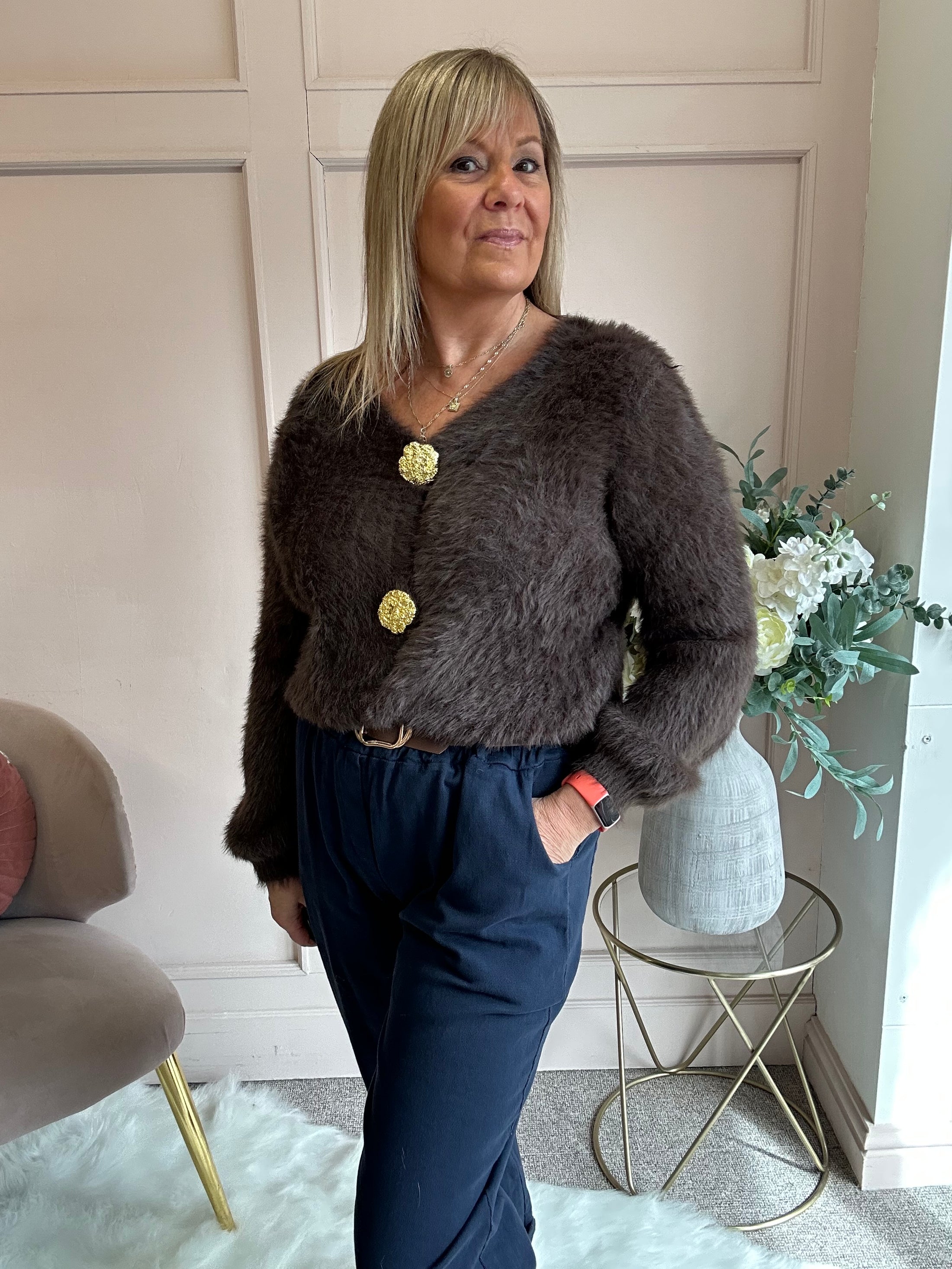 Fluffy Gold Button Cardigan - Chocolate