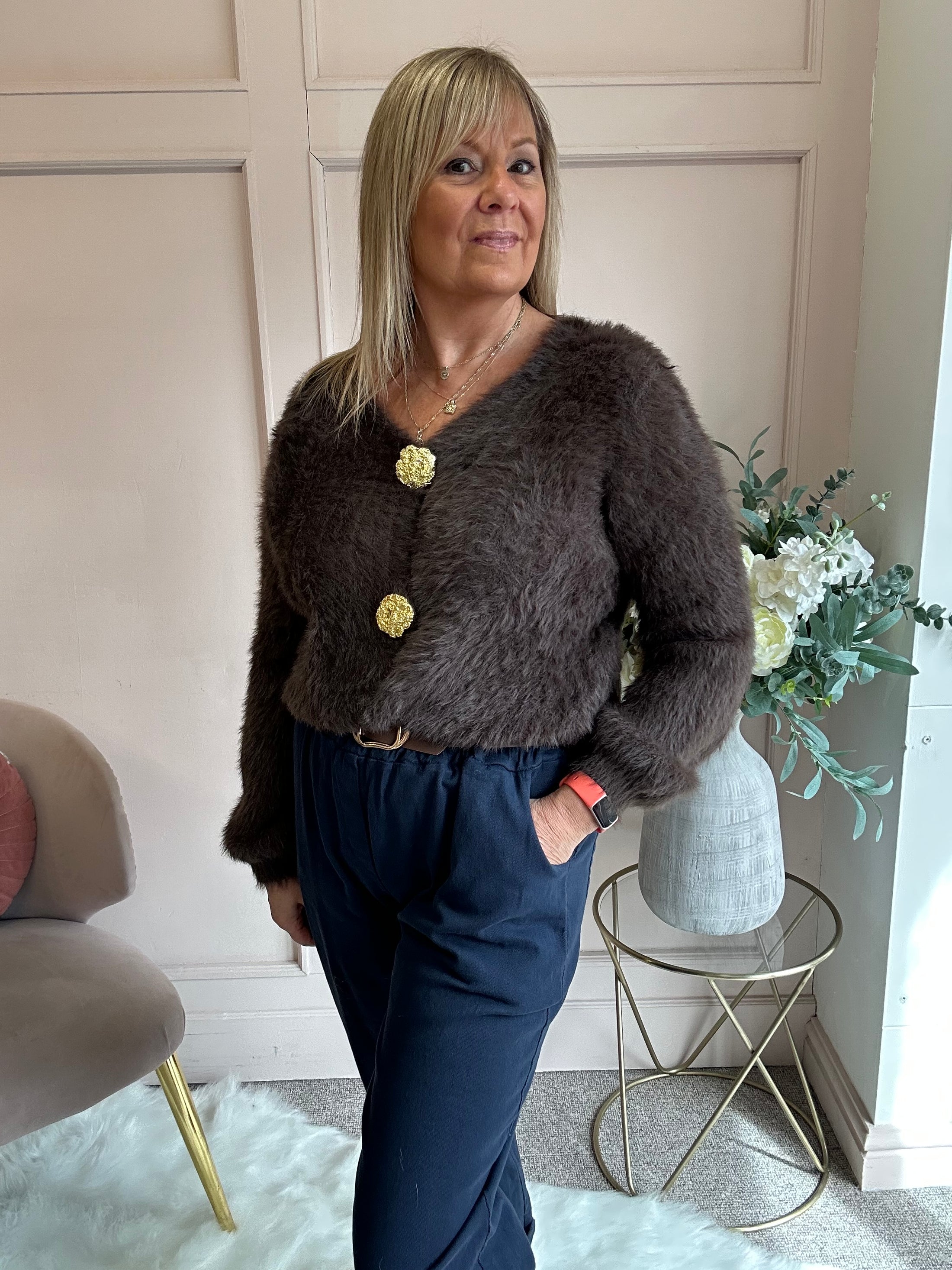 Fluffy Gold Button Cardigan - Chocolate