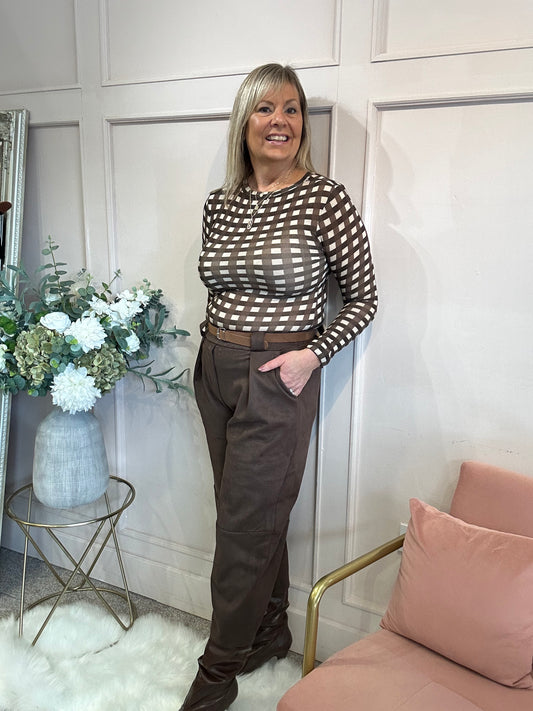 Bold Checked Mesh Top - Brown/Cream - Wardrobe By Simone