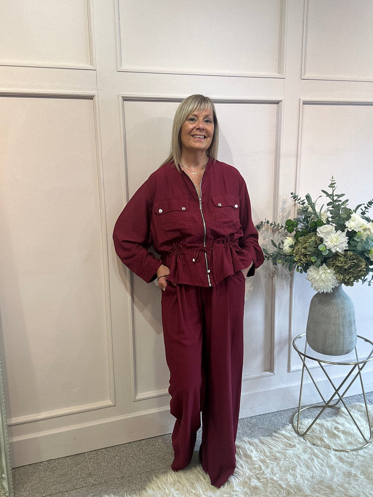 Jacket & Wide Pant Set - Burgundy