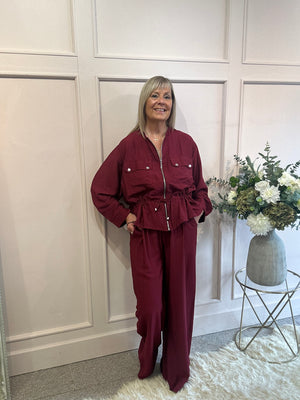 Jacket & Wide Pant Set - Burgundy