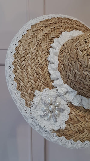 Beautiful Frill & Pearl Straw Sun Hat - Straw/Cream - Wardrobe By Simone