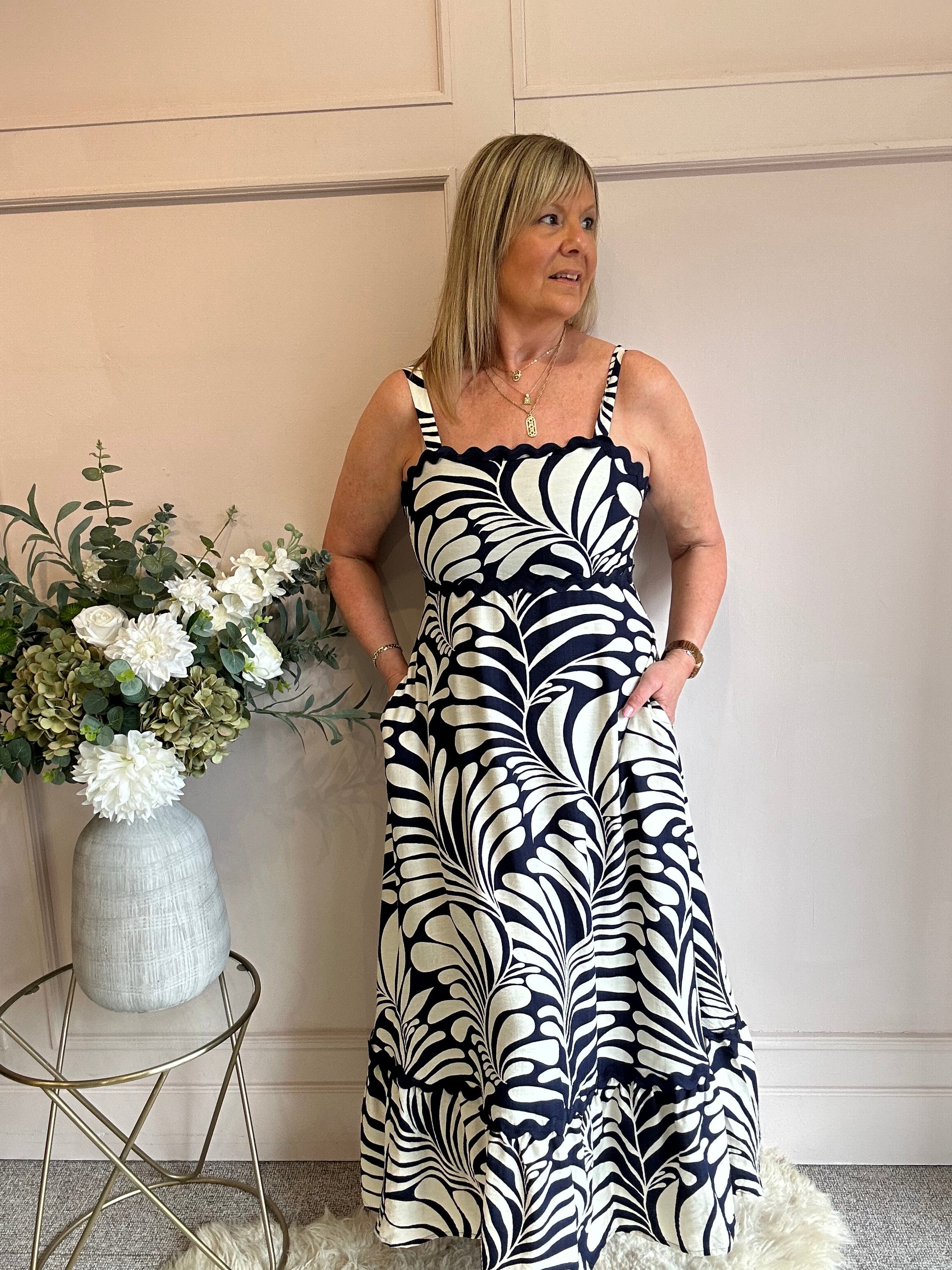 Scalloped Detail Maxi SunDress - Navy/Beige - Wardrobe By Simone