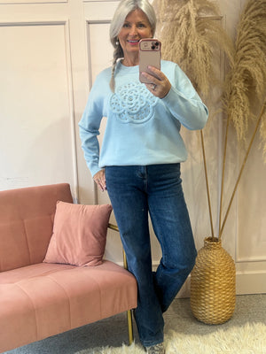 Flower & Silver Gems Jumper - Soft Blue