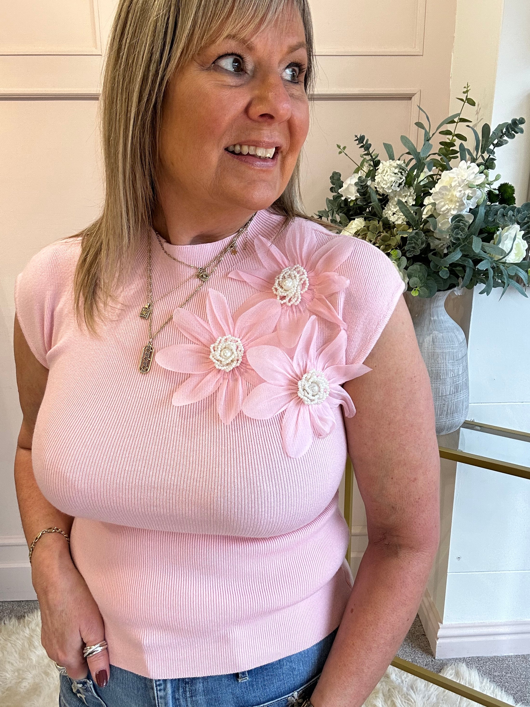 Flower Pearl Detailed Top  - Pink - Wardrobe By Simone