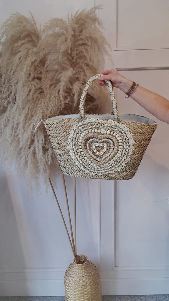 Shell and Rope Heart  Large Straw Tote Bag - Straw/Gold - Wardrobe By Simone