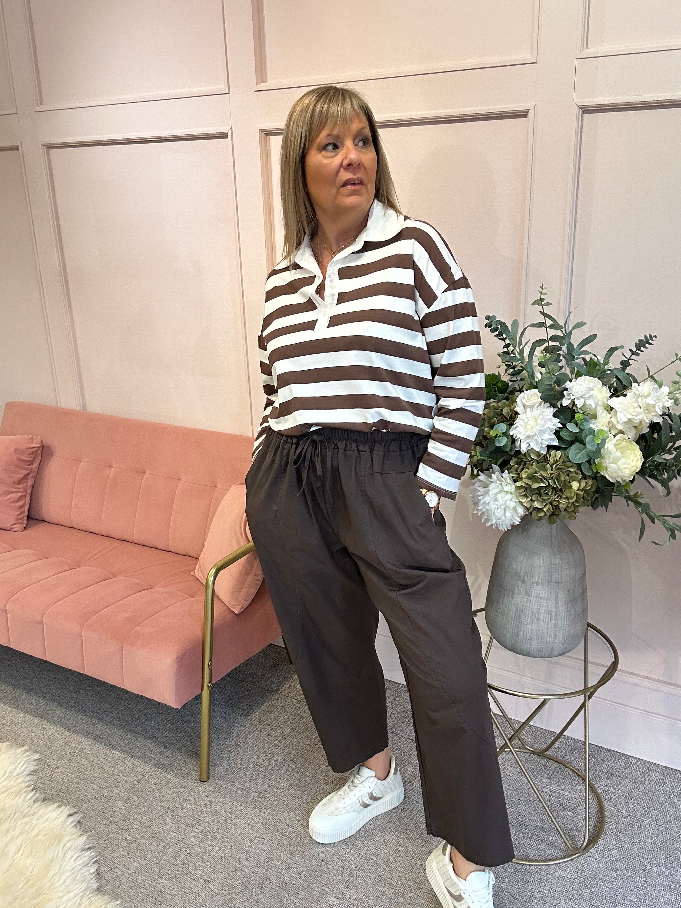 Striped Rugby Shirt Top - Brown/White - Wardrobe By Simone
