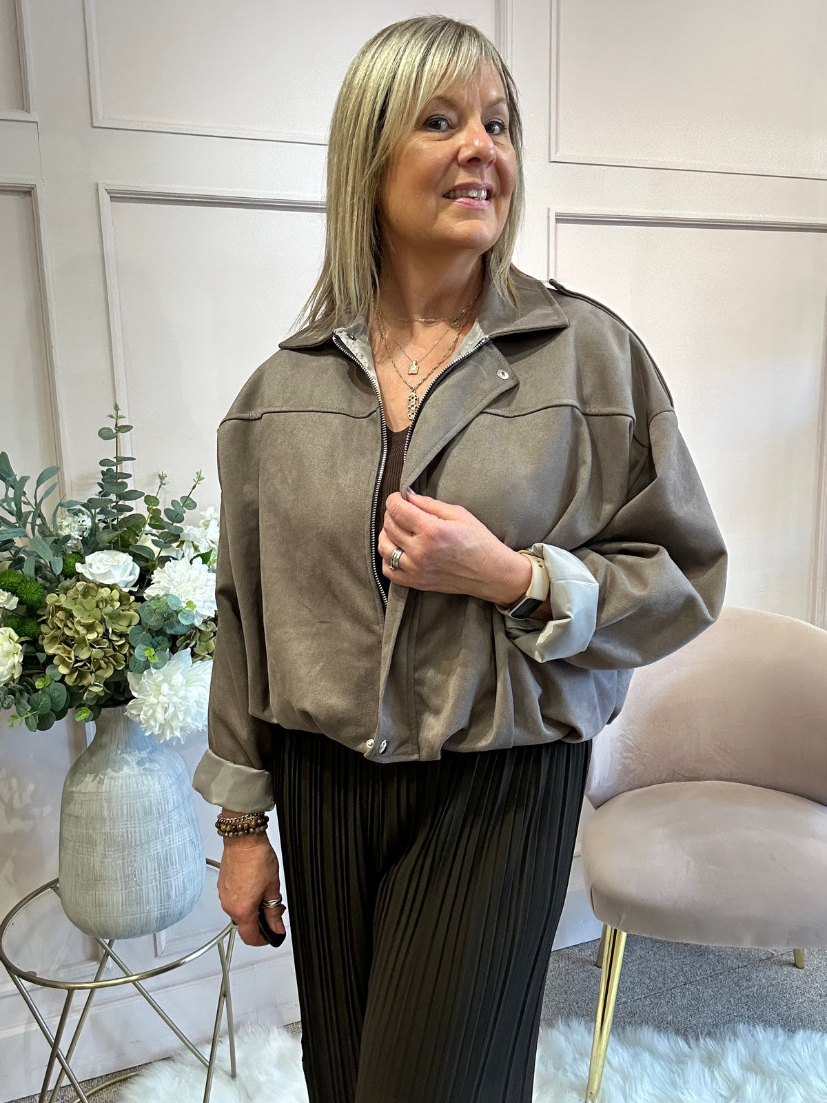 Suedette Zipped Jacket - Taupe