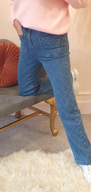 Textured Design Wide Leg Jean - Blue Denim - Wardrobe By Simone