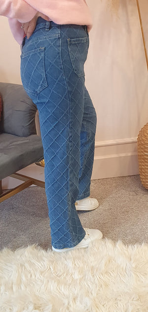 Textured Design Wide Leg Jean - Blue Denim - Wardrobe By Simone