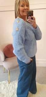 Gold Button Shoulder Detail Jumper - Cornflower Blue - Wardrobe By Simone