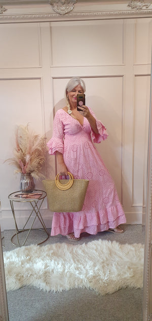 Broderie Anglaise Maxi Dress - Pretty Pink - Wardrobe By Simone