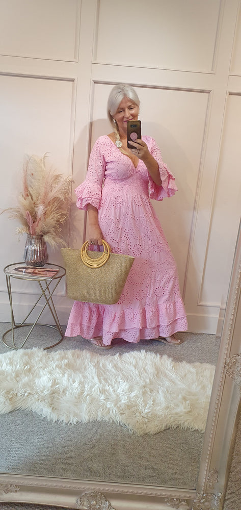 Broderie Anglaise Maxi Dress - Pretty Pink - Wardrobe By Simone