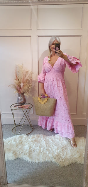 Broderie Anglaise Maxi Dress - Pretty Pink - Wardrobe By Simone