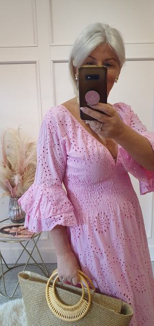 Broderie Anglaise Maxi Dress - Pretty Pink - Wardrobe By Simone
