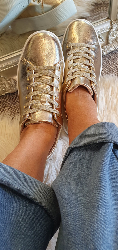 Lace Up Platform Sole Trainer - Gold - Wardrobe By Simone